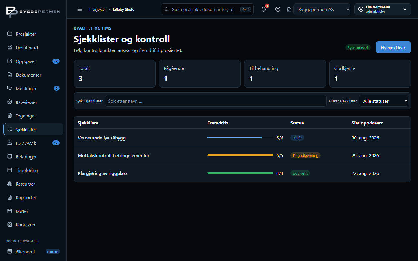 Skjermbilde av sjekklister og kontrollpunkter
