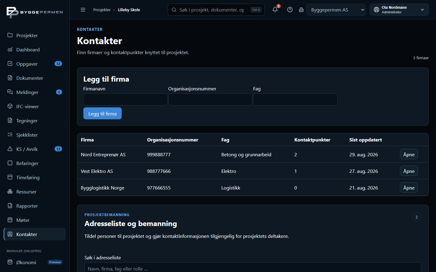 Skjermbilde av kontakter og prosjektteam
