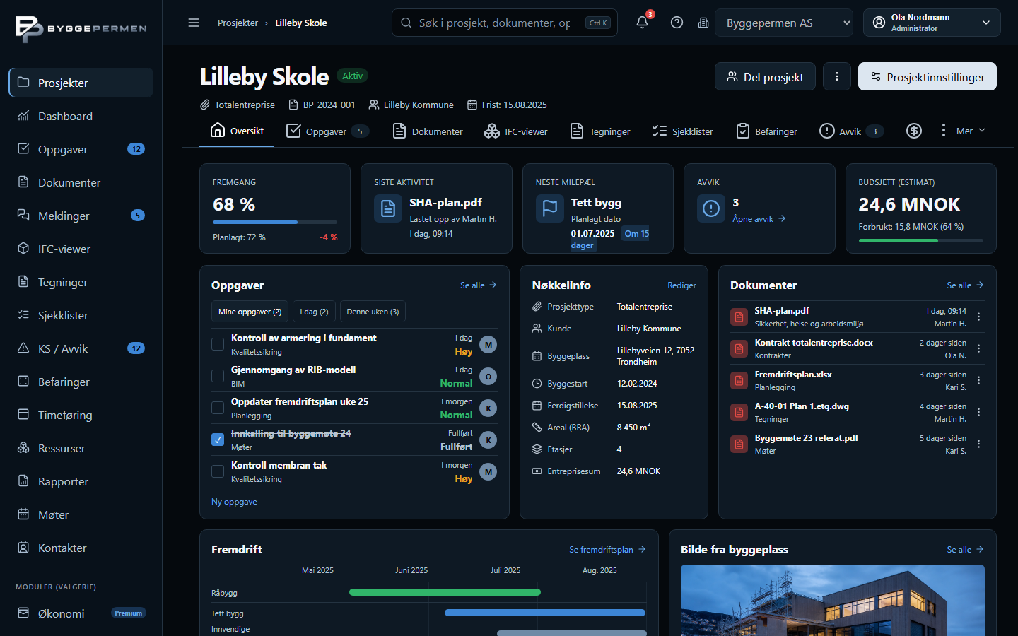 Byggepermen viser prosjekt-dashboard med fremdrift, oppgaver og dokumenter