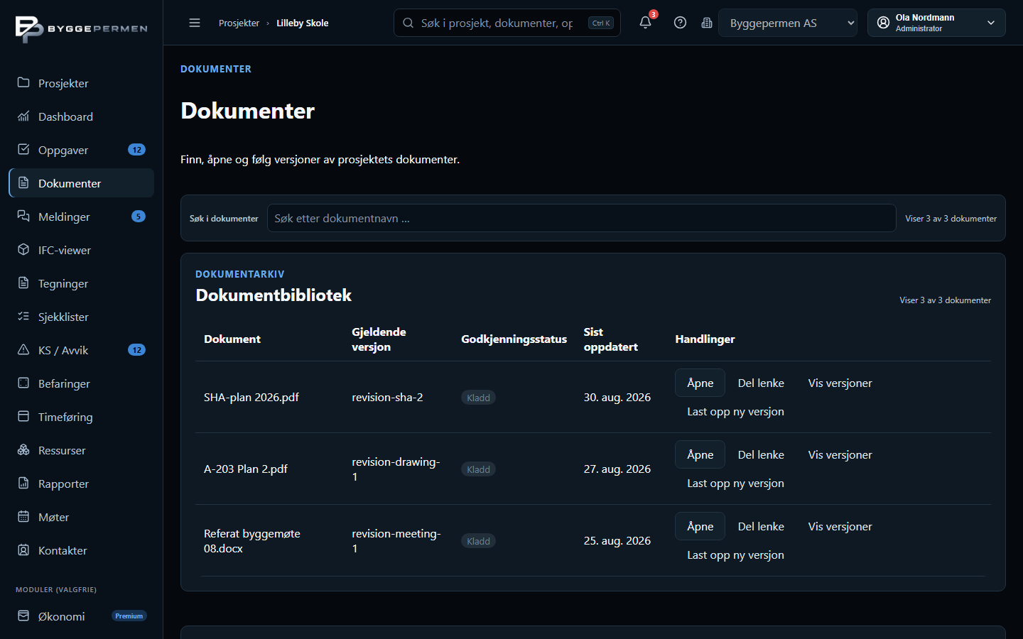 Skjermbilde av dokumentmodulen med skylagring og dokumentarkiv