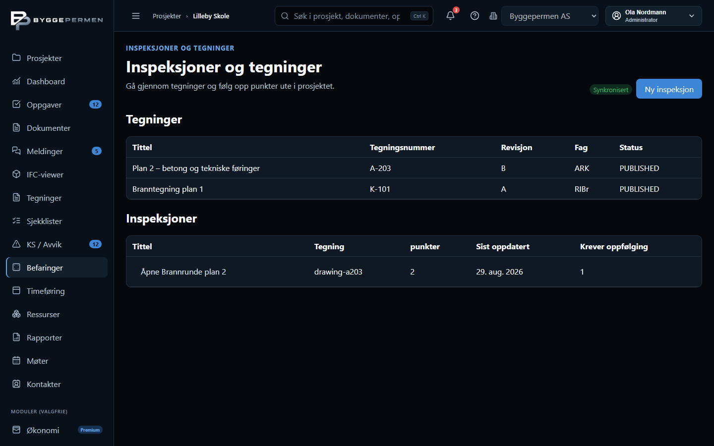 Skjermbilde av inspeksjoner og tegninger